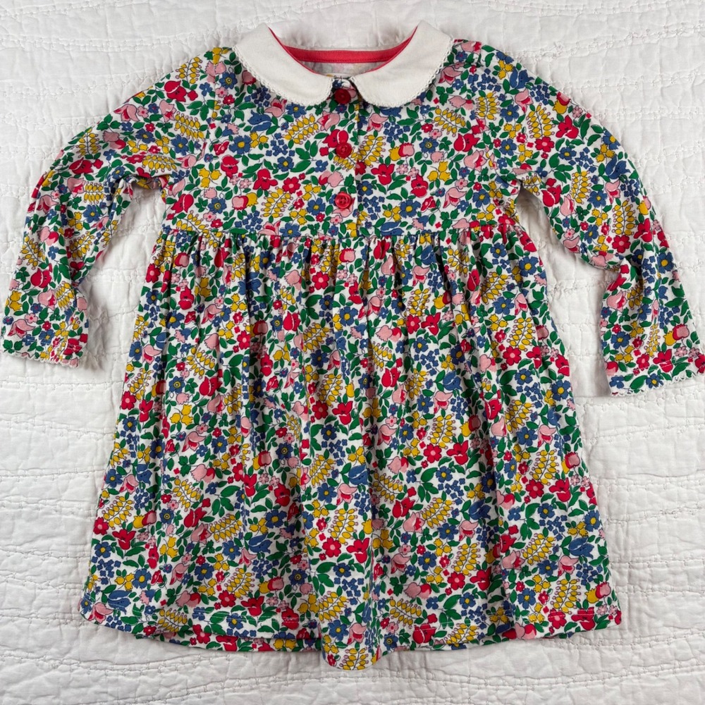 Baby Boden Floral Dress Kids 12-18M Multi Color Peter Pan Collar Long Sleeve